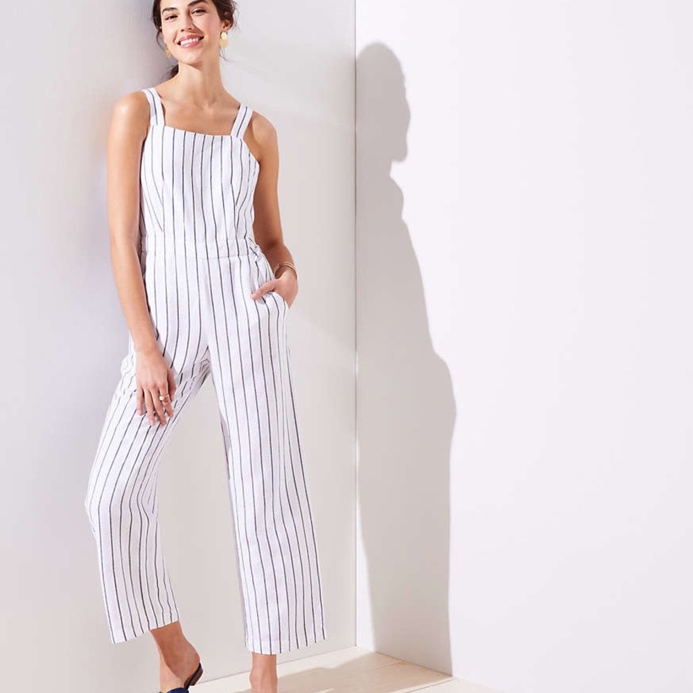 LOFT Striped Apron Jumpsuit
